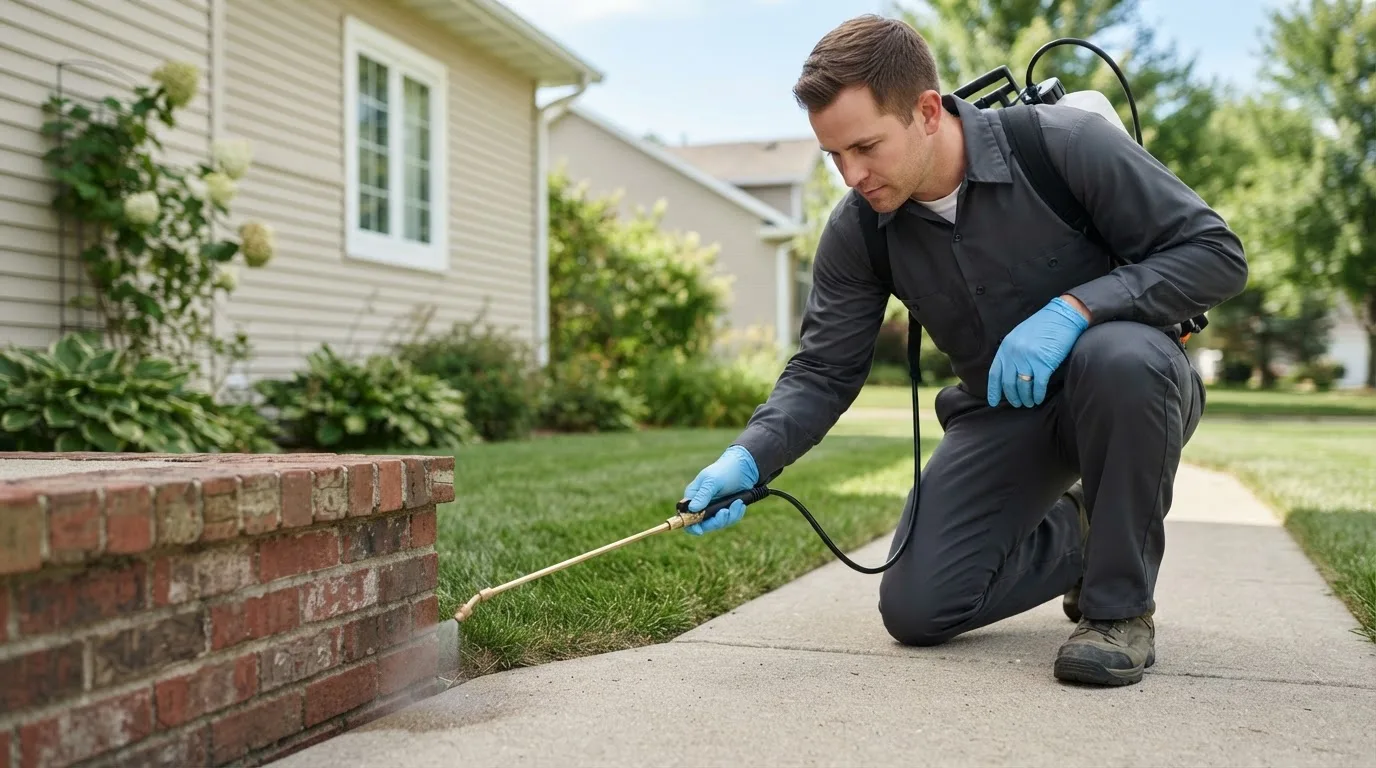Pest control technician treating a home near Utica, MN