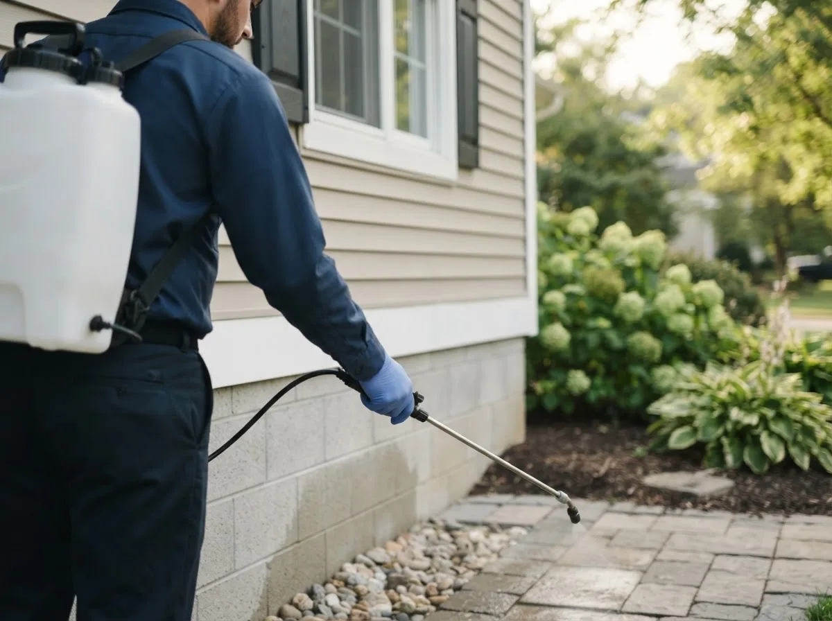 Pest control technician inspecting a home in Utica, MN